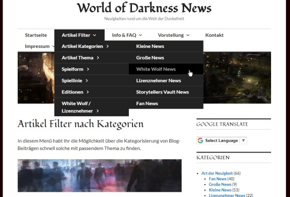 Screenshot des Artikel Filter Menü