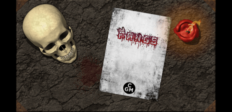 Fangs von Chaosmeister Games (minimald6 system) Artikel Cover [von Rechts nach Links: Schädel, Buchcover, entzündete Kerze auf Steinuntergrund; CGI-Stil]