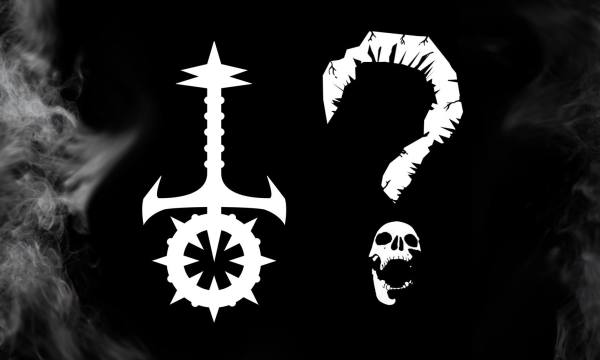 LARP The Night In Question Zweites Logo (der Facebook Gruppe). Es zeigt das Sabbat Symbol neben einem Fragezeichen. Bei dem Fragezeichen ist der Punkt ein Schädel mit aufgerissenen Mund.