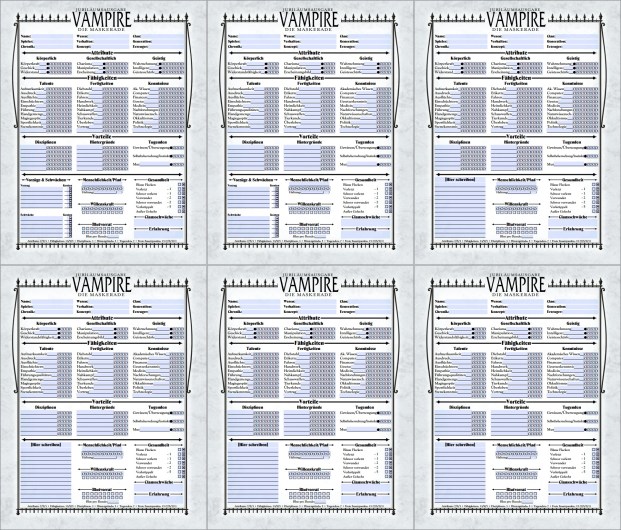 Collage der 6 von Andreas G Schramm übersetzten Charakterbögen für die V20