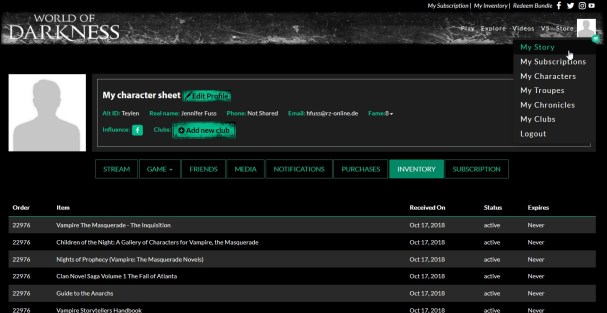 WorldOfDarkness.com - Inventoryseite