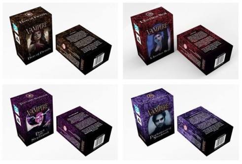 V:TES - Neue Starter Decks - Mockups der 4 Kartensets: Dens of Fiends, Libertine Ball, Pact with Nephandi, Parliament of Shadows