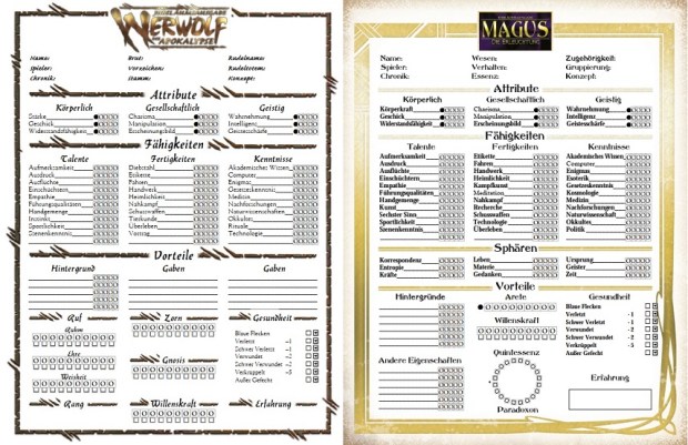 Charakterbögen W20, M20 auf Deutsch - Collage der ersten Seite des vierseitigen Bogen