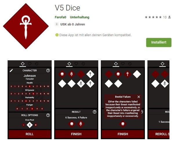 V5 Dice - Android Würfel Tool für die 5. Edition von Vampire: Die Maskerade