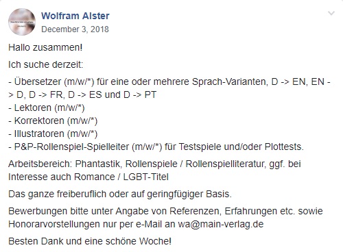 Facebook Post - Wolfram AlsterSuche nach Übersetzer*innen, Lektor*innen, Korrektor*innen, Illustrator*innen und Supporter*innen