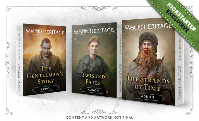 Vampire: The Masquerade Heritage - Graphik mit den Covern der 3 Addons (The Gentleman's Story, Twisted Fates, The Strands of Time)