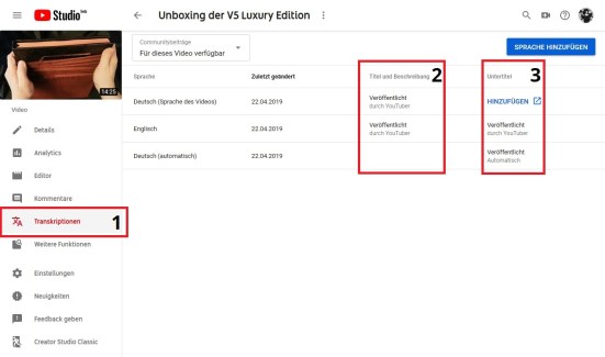 YouTube - Untertitel Erklärung 2 - Untertitel Hinzufügen im Creator Studio