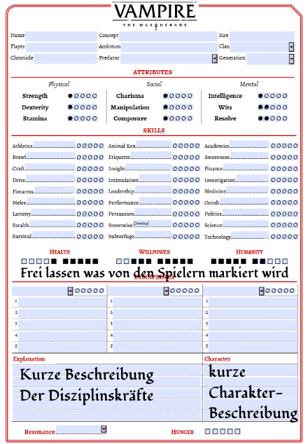 Erste Seite des V5 Convention Charakter Sheet mit Kommentaren