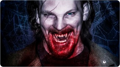 Vampire mit geflechten Fängen und Blut vor'm Mund - Artwork von Mark Kelly