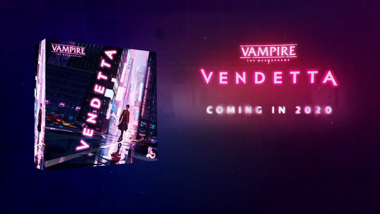 Vampire: The Masquerade Vendetta - Horrible Games - Vorschau Graphik mit Box-Mockup und 2020 als Release-Termin
