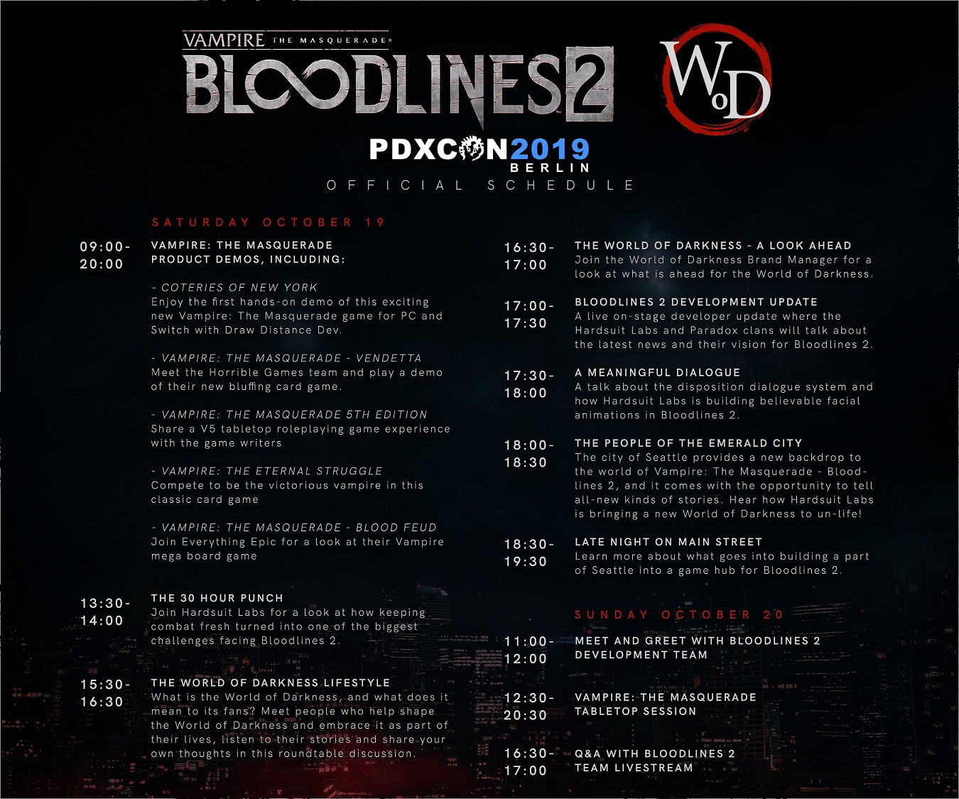 PDXcon 2019 - World of Darkness & Bloodlines 2 Schedule - Offizielle Twitter Graphik