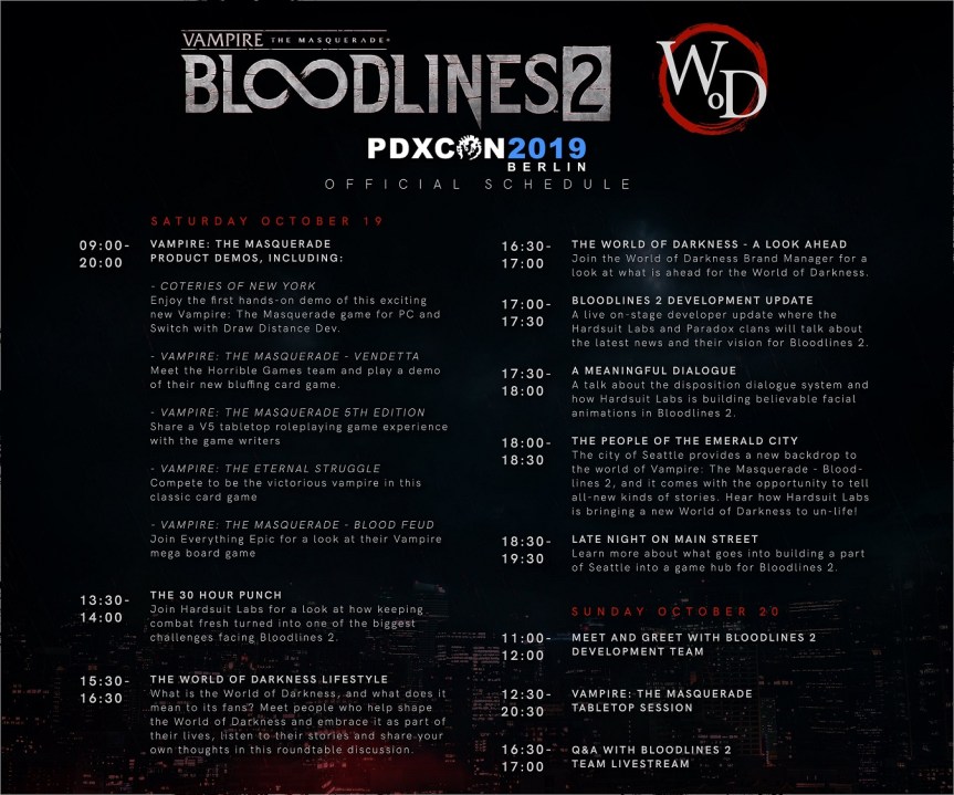 PDXcon 2019 - World of Darkness & Bloodlines 2 Schedule - Offizielle Twitter Graphik