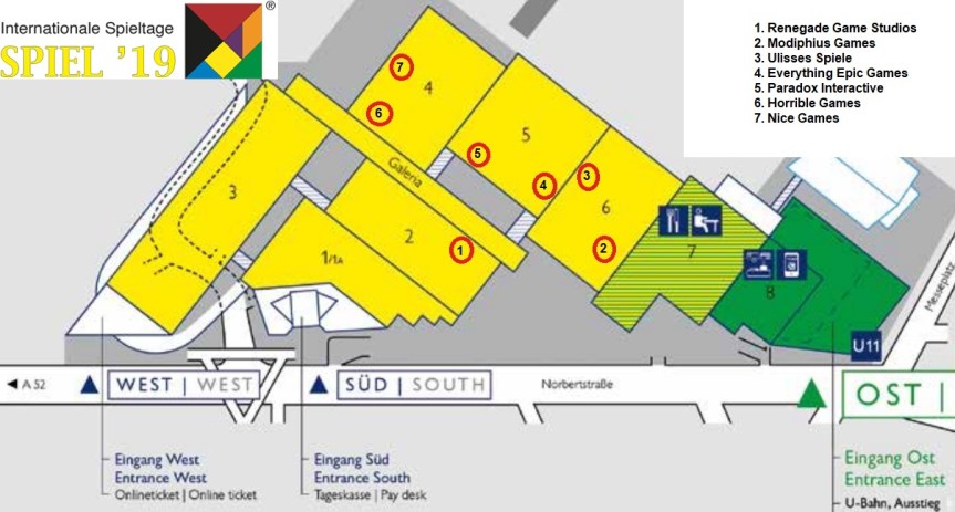 SPIEL 2019 - Plan der Messe mit Markierung der WoD-relevanten Aussteller