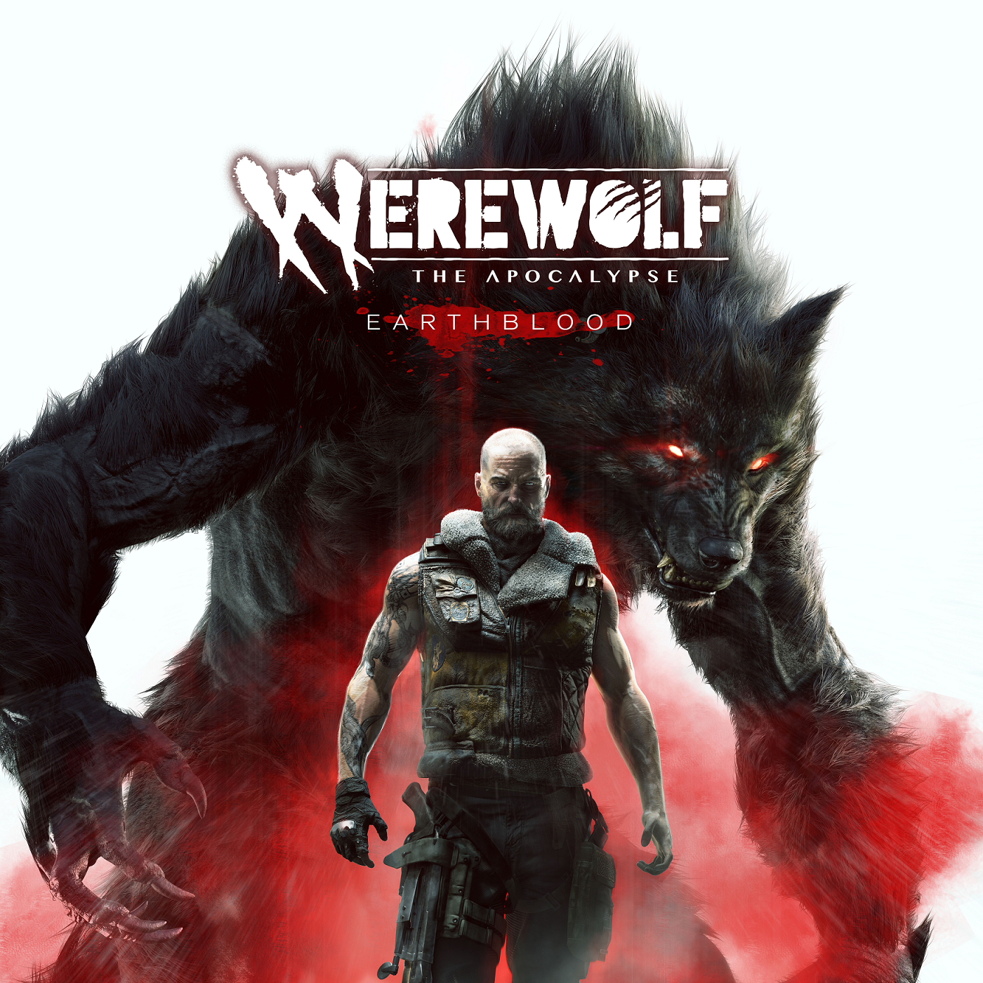 Werewolf: The Apocalypse Eartblood - Logo Graphik - Cahal als Mensch in Homid mit Militär Kleidung mit seiner Crinosgestalt im Hintergrund
