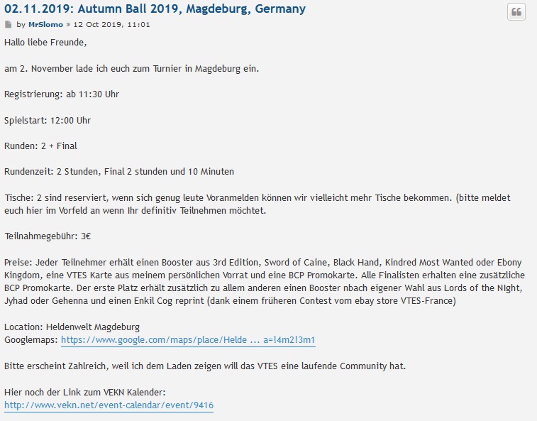 Autumn Ball 2019, VTES Turnier in Magdeburg