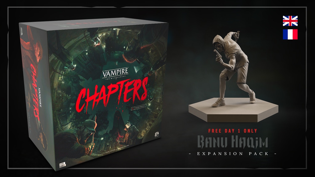 Vampire: The Masquerade Chapters - Kickstarter Thumbnail mit Graphik der Banu-Haqim der Figur und dem Hinweis das "Erster Tag Backer" das Erweiterungsset gratis drauf kriegen