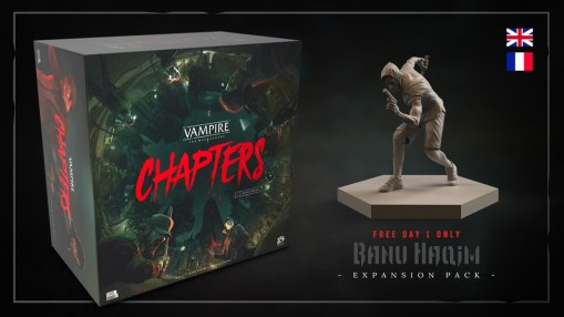 Vampire: The Masquerade Chapters - Kickstarter Thumbnail mit Graphik der Banu-Haqim der Figur und dem Hinweis das "Erster Tag Backer" das Erweiterungsset gratis drauf kriegen