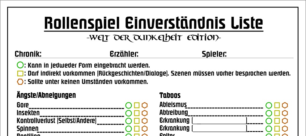 Auszug aus der Welt der Dunkelheit Rollenspiel Einverständnis Liste von Divid Poetters