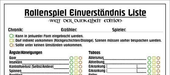 Auszug aus der Welt der Dunkelheit Rollenspiel Einverständnis Liste von Divid Poetters