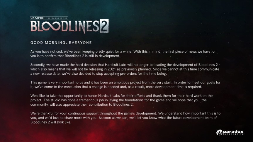 Vampire: The Masquerade – Bloodlines 2 wechselt Entwicklungsstudio und wurde&nbsp;verschoben