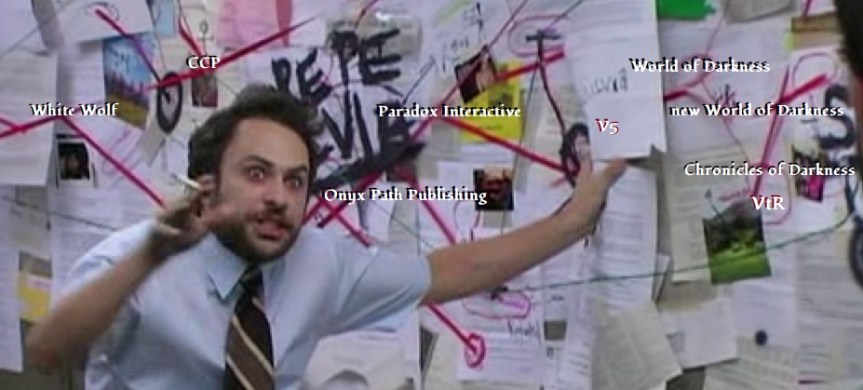 Verschwörungs Meme - Mit WoD Thema - Manischer Mann vor einer Wand mit vielen Linien und Blättern