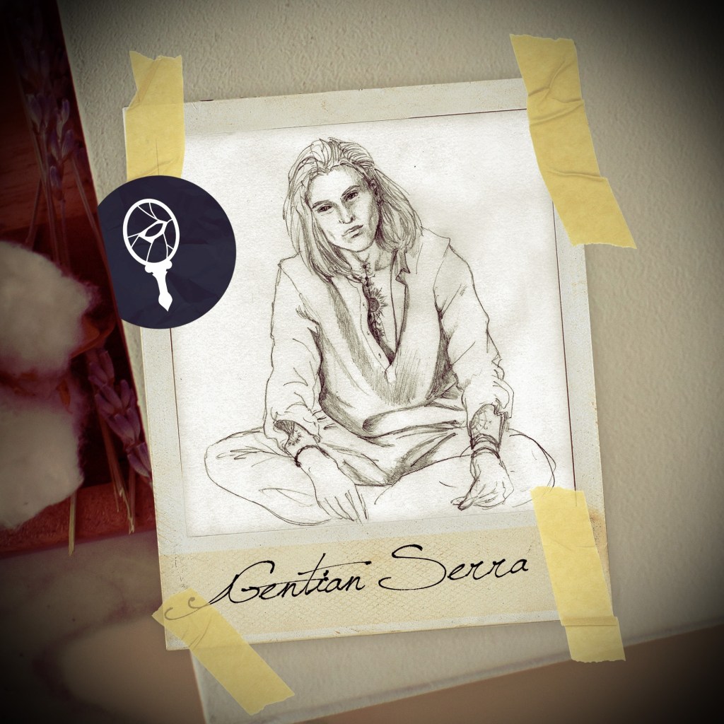 World of Darkness - Stories - 31 - Polaroid mit einer Bleistift-Zeichnung eines im Schneidersitz sitzenden Mann, mit schulterlangen Haaren