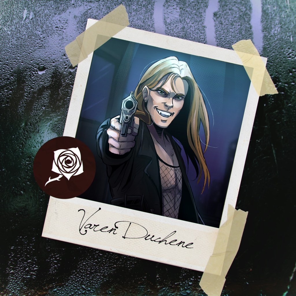 World of Darkness - Stories - 33 - Polaroid mit der Zeichnung eines Mann mit blonden Haaren, Pistole und Fishnet Top