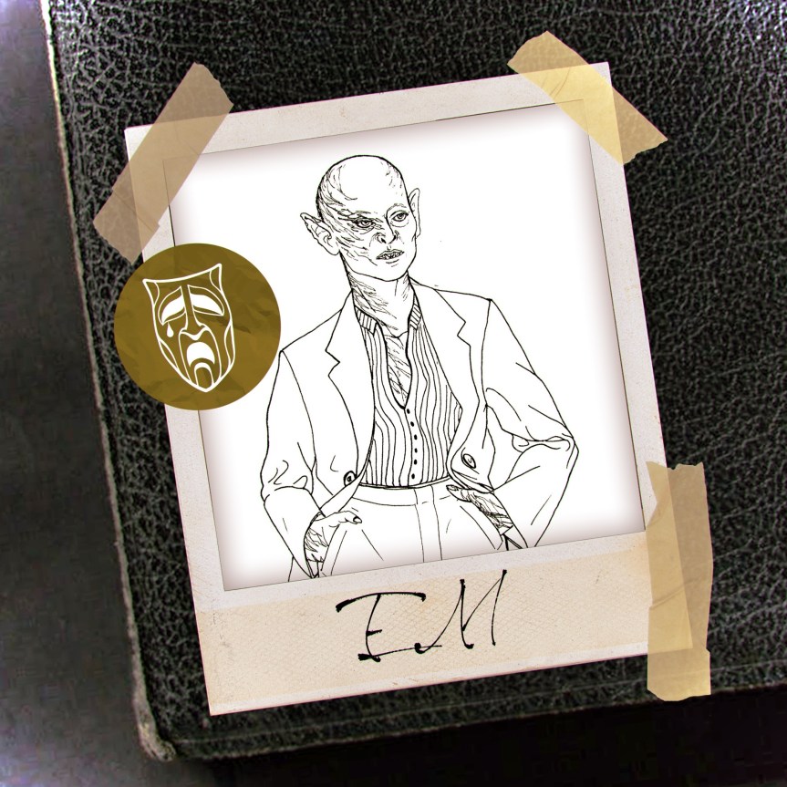 World of Darkness - Stories - 34 - Polaroid mit der Zeichnung eines glatzhaarigen Nosferatu, in einem Hosenanzug und einer entstellten rechten Seite