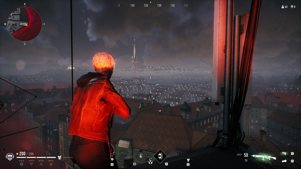 Bloodhunt - Nicht spielbares Gebiet von der Antenne weg, mit Turm und links einem leuchtenden Kuppelding