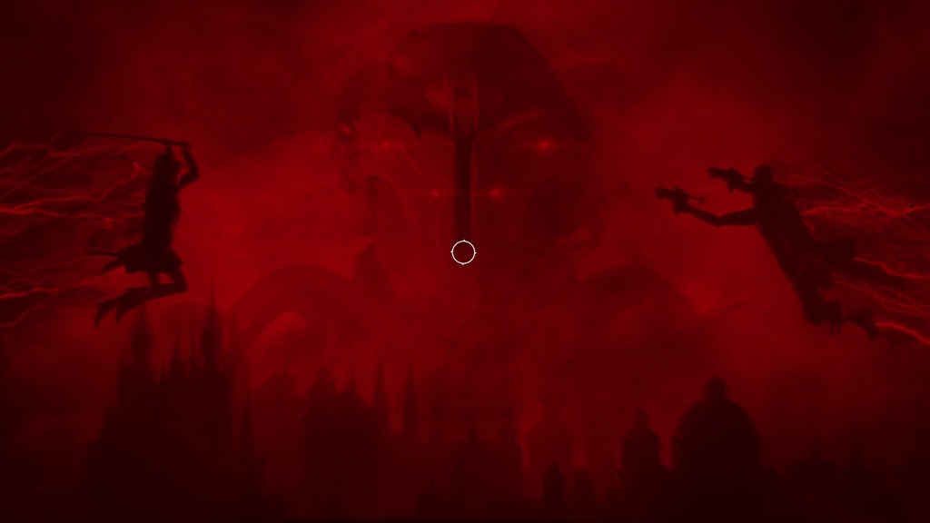 Bloodhunt - Letzte Szene der Anfangsanimation - Weibliche Figur mit Katana springt auf männliche Person mit zwei Pistolen zu, während im Hintergrund ein Soldat der Entity zu sehen ist, und darunter sieht man die Silhouette Prags