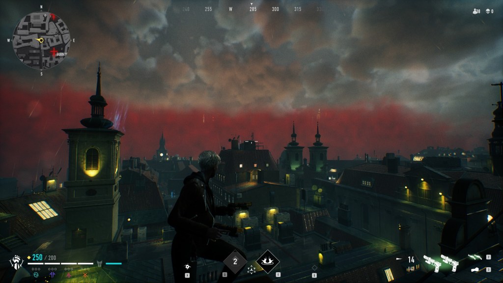 Bloodhunt - Stadt - Blick weg von der brennenden Kirche, mit Zwillingstürmen