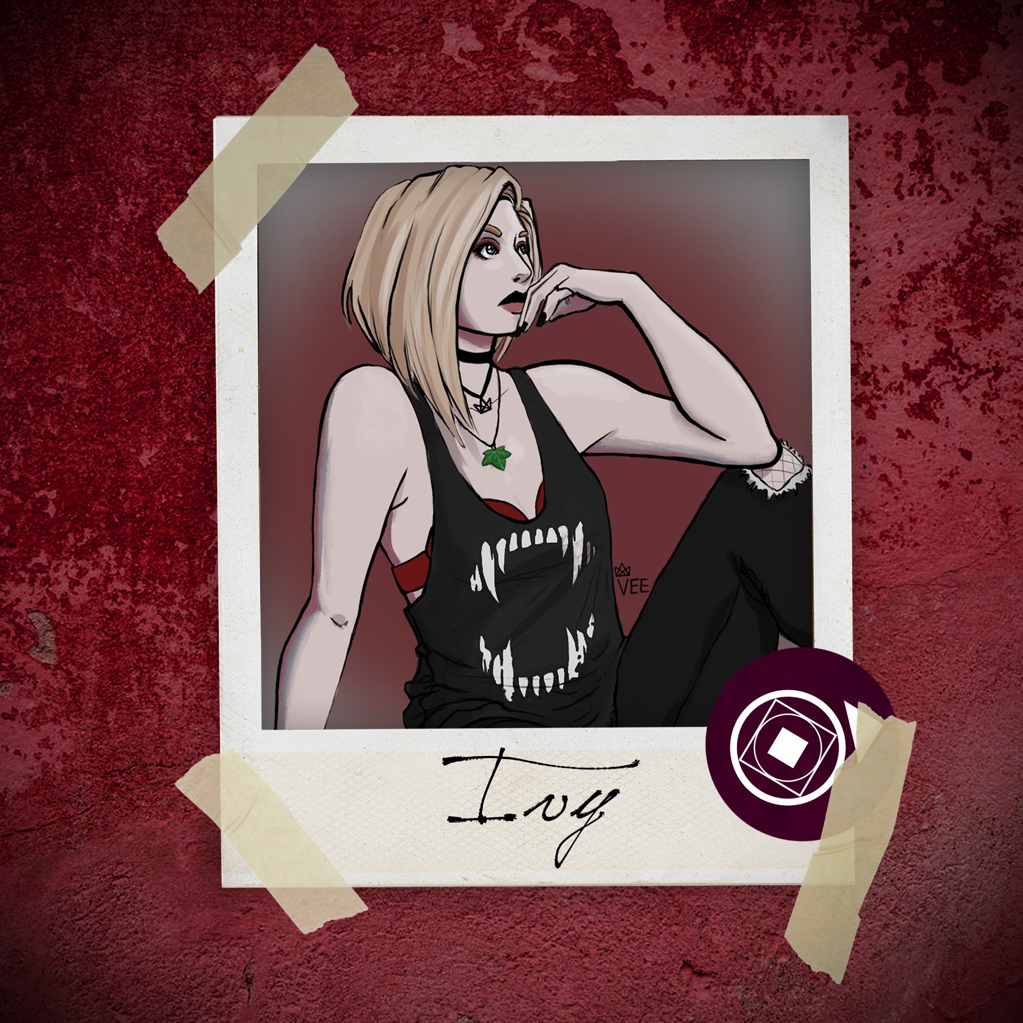 World of Darkness - Stories - 38 - Polaroid mit Zeichnung einer Frau in Denkerpose mit ärmellosen Shirt mit Fang-Motiv und roten BH