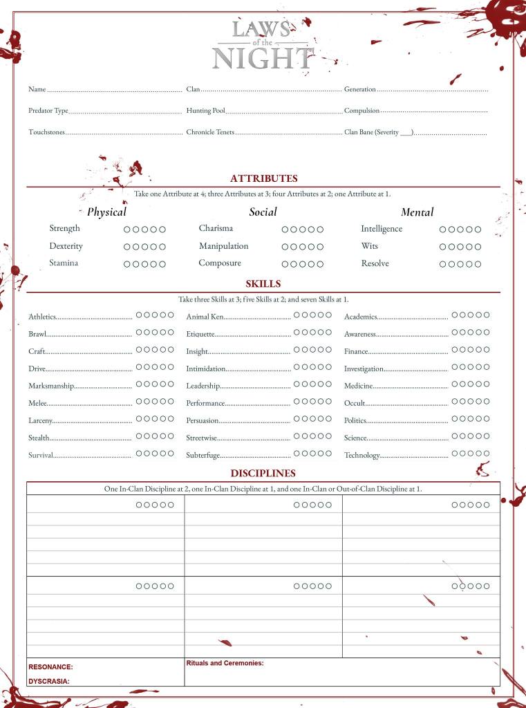 Laws of the Night - Charakterblatt vordere Seite