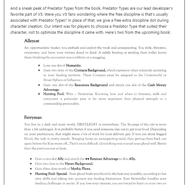 Kickstarter - Larp - Laws of the Night - V5 - Predator Tyes / Jagdverhalten