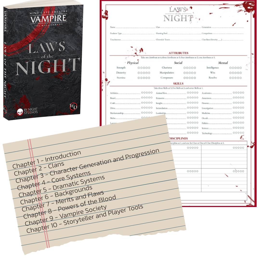 Kickstarter - Larp - Laws of the Night - V5 - MockUp Softcover, Character Sheet, Inhaltsverzeichnis
