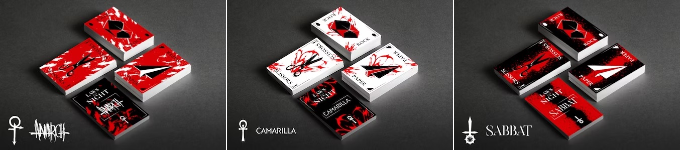 Stein-Papier-Schere Karten aus Metal in den Varianten Anarchen, Camarilla und Sabbat