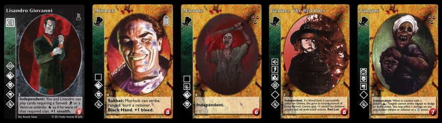 Crypt Karten des Decks: Lisandro Giovanni, Morlock, Macoute, Genina; The Red Poet, Tanginé