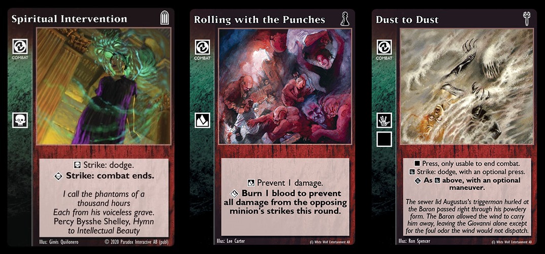 Combat Karten: Spiritual Intervention, Rolling with the Punches, Dust to Dust