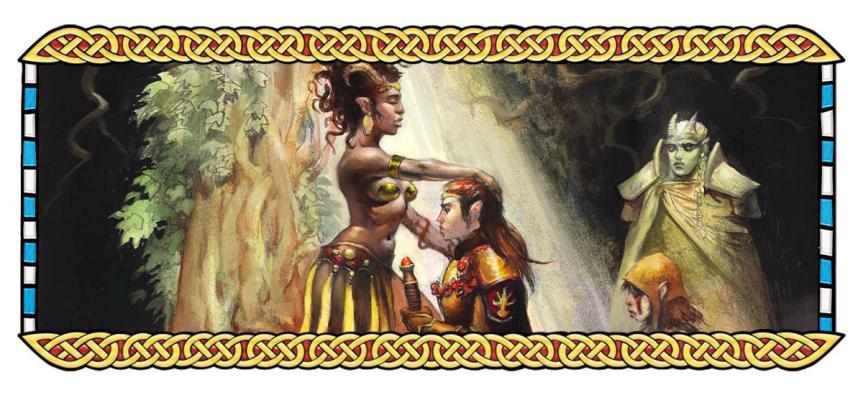 Wechselbalg: Der Traum - Banner - Eine weibliche Person hält einer vor ihr knienden Person mit Schwert die Hand auf den Kopf.