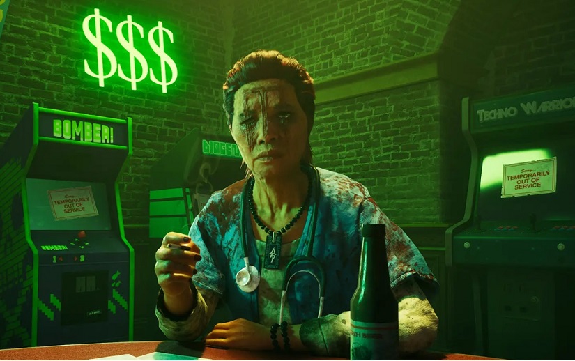 Anarch Lady in Bar, im Hintergrund Spielautomaten und ein $$$-Schild